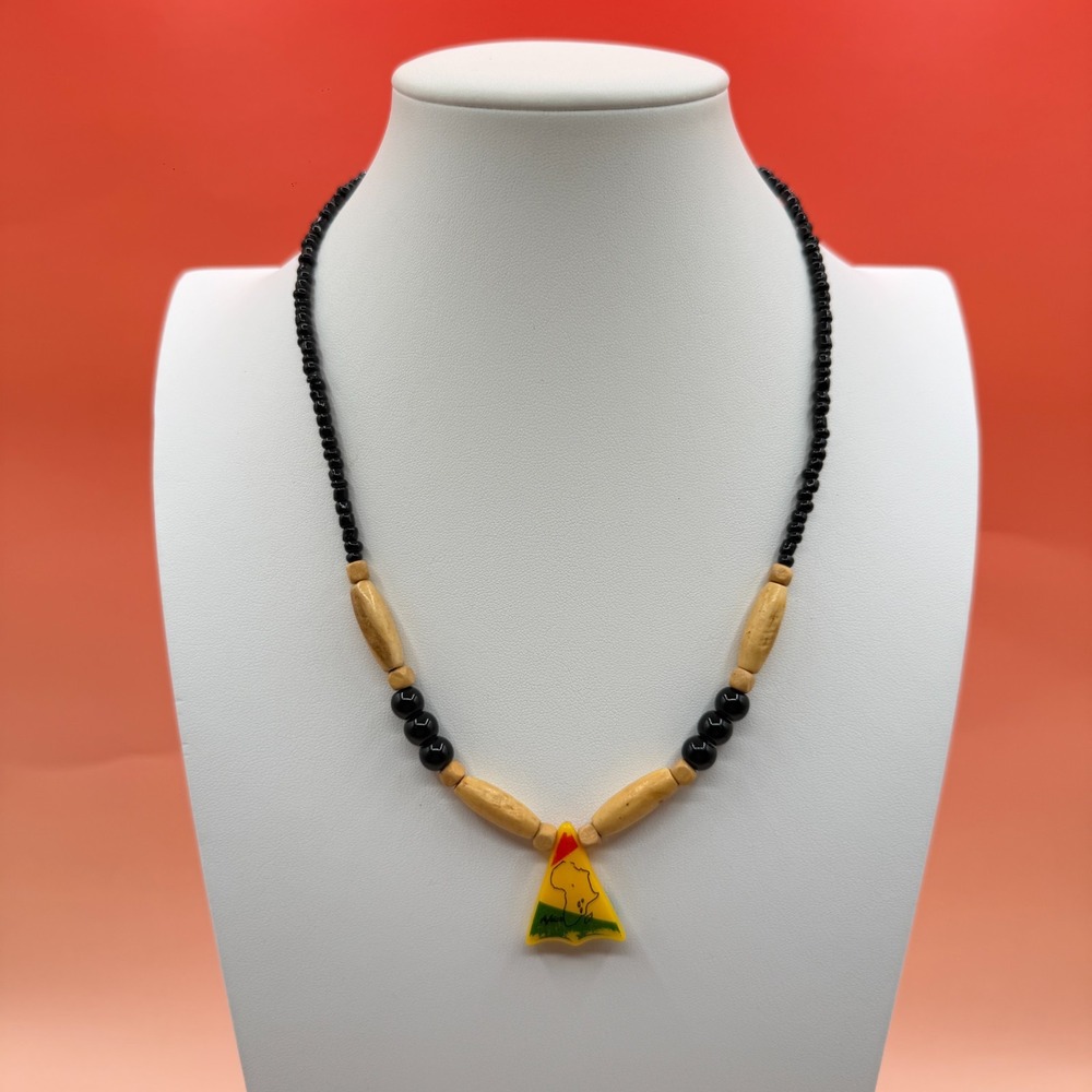 Africa Map Pendant Necklace Black Beads Tan Beads Tribal Boho Vintage Statement